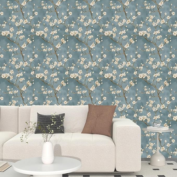 Blue Floral Wallpaper Peel and Stick Vintage White Flowers Contact Paper Vinyl