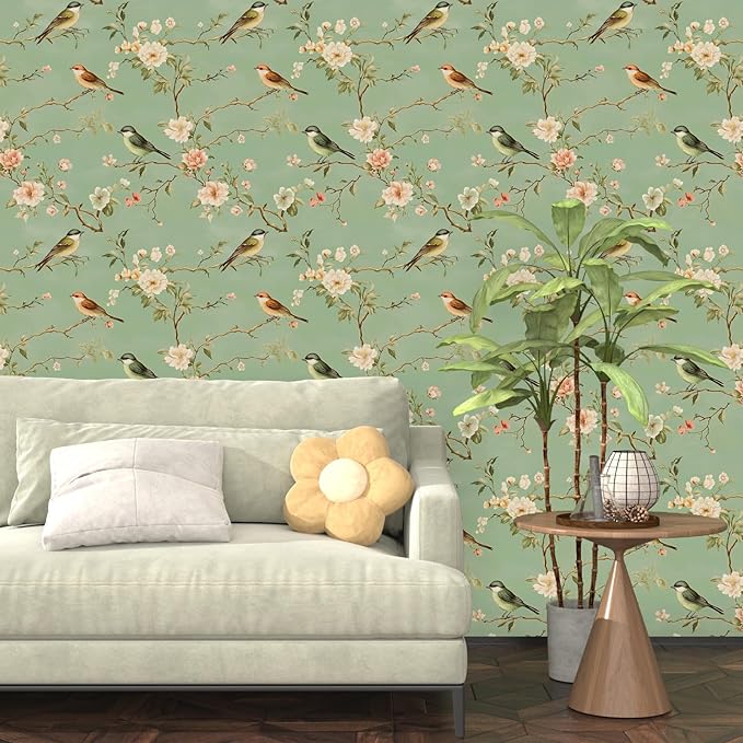 Laatse Green Floral Wallpaper Peel and Stick Bird Wallpaper Pink Flower Contact