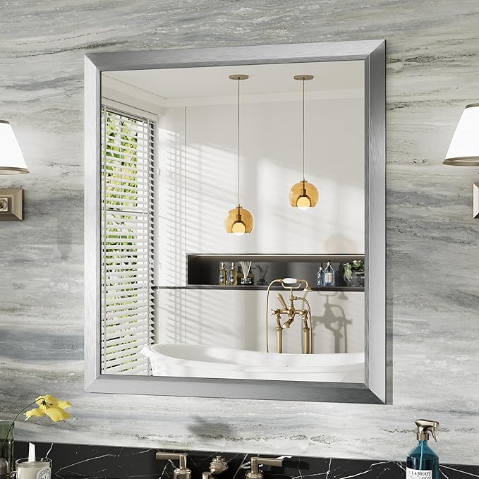 36x32 Inch Brushed Silver Bathroom Mirror
