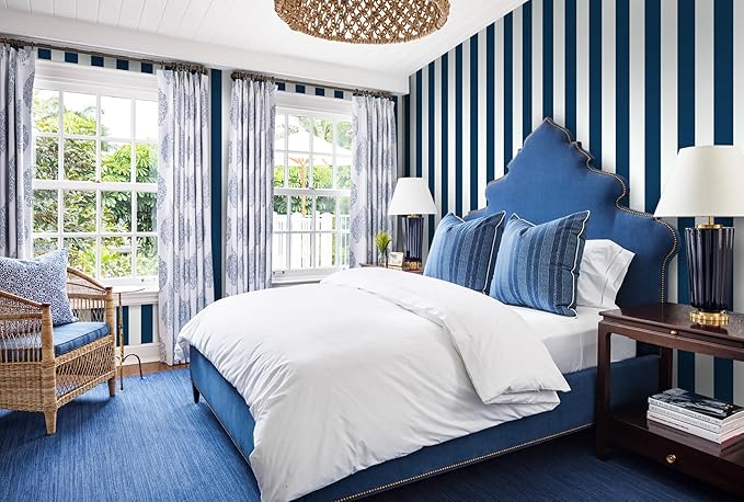 Guvana 17.7"x197" Navy Blue Wallpaper Striped Peel and Stick Wallpaper Blue and