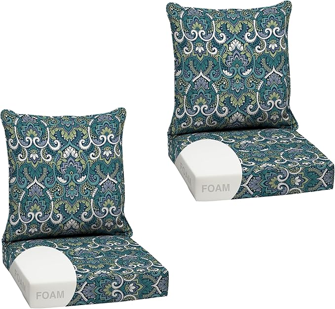 Arden Outdoor Foam Deep Seat Cushion Set (2-Pack), 24x24, Premium High-Density Foam, Never Flattens, Weather-Proof for Patio Chair Sofa Couch, Sapphire Aurora Blue Damask