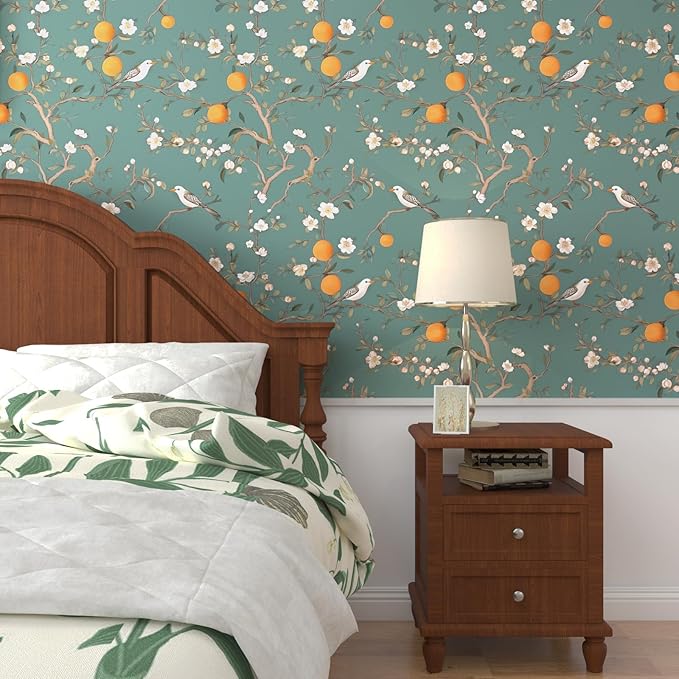 Green Floral Wallpaper Peel and Stick, Birds & Orange Fruits Contact Paper