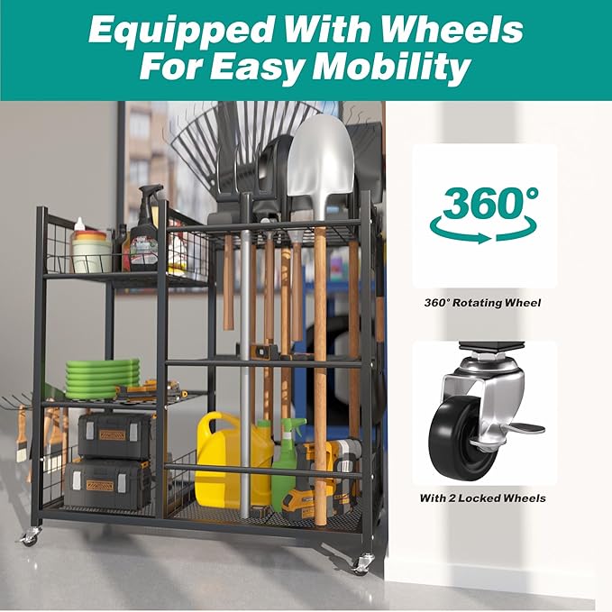 EVERHANGER Garden Tool Organizer, Garage Tool Storage Stand Organizer with Lockable Wheels, Yard Tool Racks, Fit for Long-Handled Tools/Rakes/Brooms