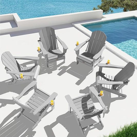 SERWALL Folding Adirondack Chair Set of 6, Weather Resistant HIPS Lawn Chairs with Cup Holder for Patio Garden Outdoors Fire Pit- Spanish Gray