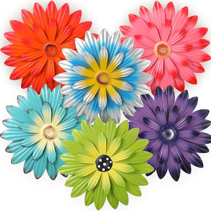 Zhehao 6 Pcs Metal Flower Wall Art Decor 10 Inch Sunflower Wall Decorations Hanging Outdoor Art Multicolored Handmade Metal Flowers Outdoor Decor (Vivid Color)