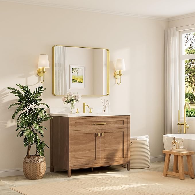 TETOTE 40 x 30 Inch Gold Bathroom Mirror, Brushed Brass Metal Frame Mirror
