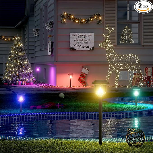 AOSEA 2 Pack Solar Pathway Lights Outdoor Waterproof - Auto RGB Color Changing Solar Lights, IP65, 12H Bright, Durable Plastic - Perfect Christmas Decor for Garden & WalkwayãRGB Flash Mode Onlyã