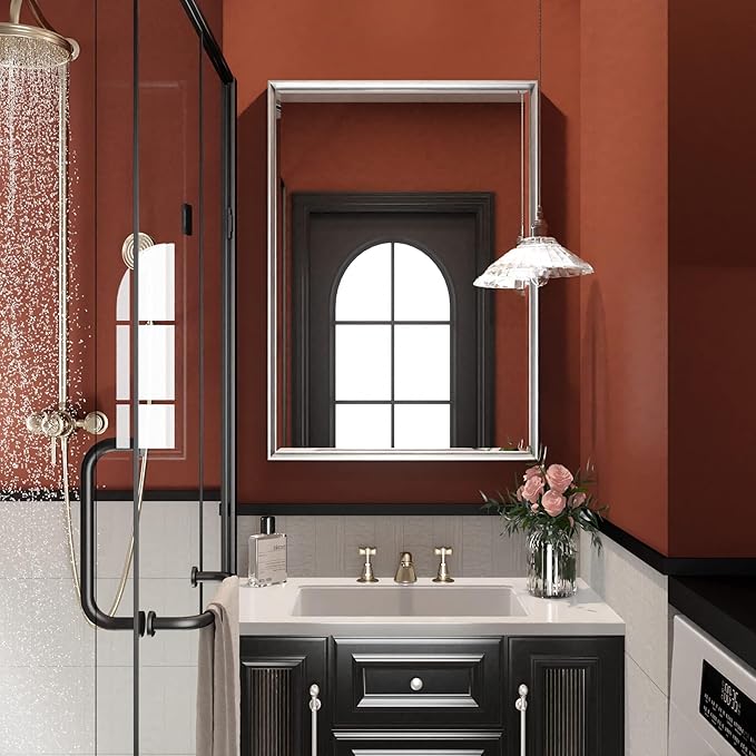 Silver Bathroom Mirror, 22x30 Inch Beveled Rectangle Wall Mounted Mirror