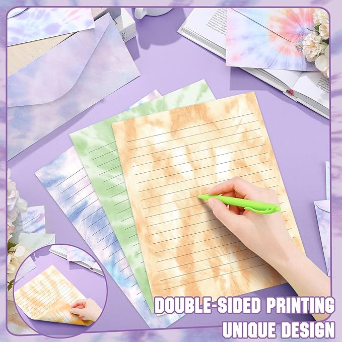 TaoBary 160 Pcs Stationery Paper Set 50 Double Sided Stationery Papers with 50 Matching Envelopes and 60 Round Dot Sticker, 10 Design(Tie Dye,8.5 x 11 Inch)