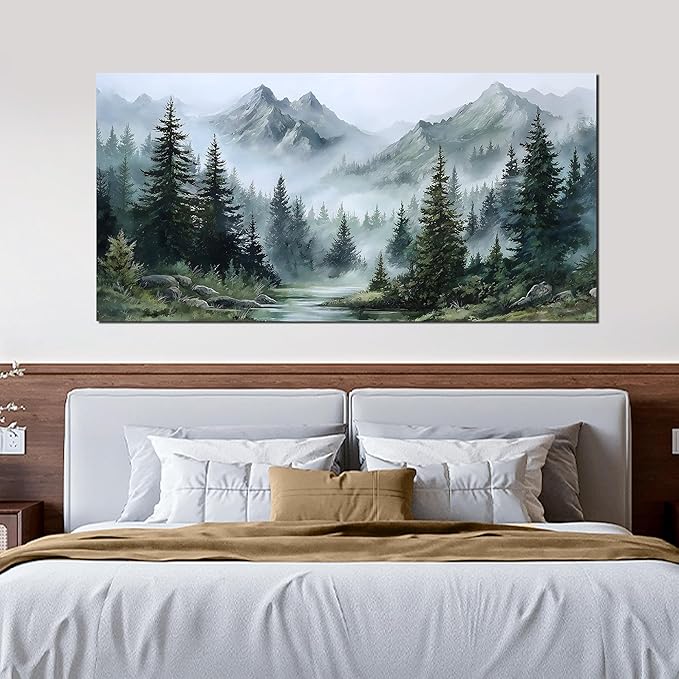 Tarfupth Large Misty Forest Wall Art for Living Room Green Nature Mountain Landscape Canvas Artwork with Trees and River Nature Art for Bedroom Office Home Decor 29x58 Inch