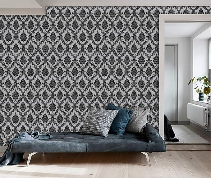 17.7" x 394" Black Peel and Stick Wallpaper Black Vintage Wall Paper