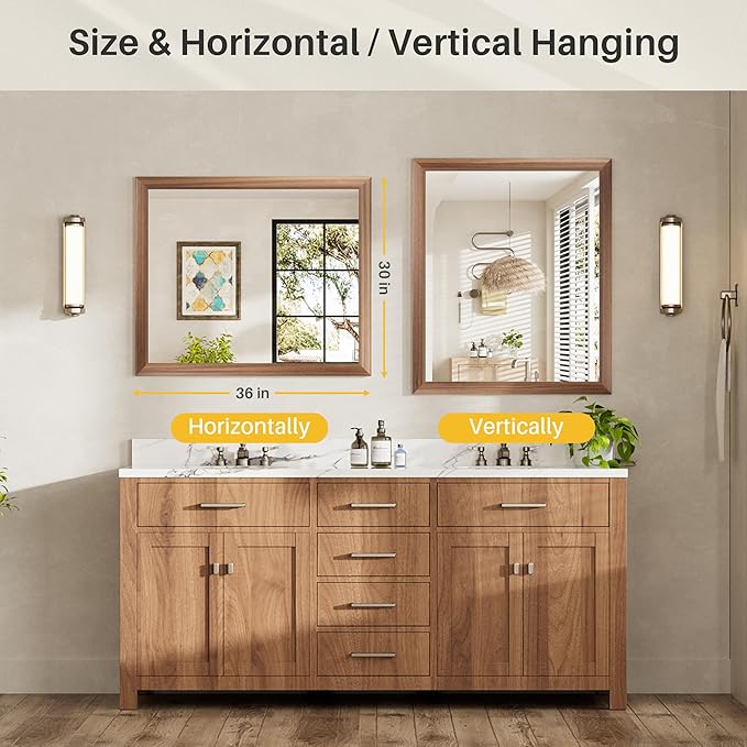 36x30 Inch Bathroom Mirror for Wall, Anti-Rust Walnut Wood Grain Metal Framed