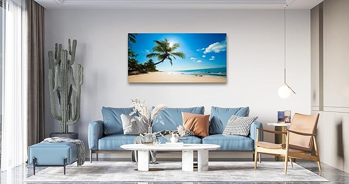 Muolunna ARX0650 Large Canvas Wall Art Summer Ocean Waves Prints Coconut Trees Beach Seascape Painting Hawaii Sea Nature Pictures Stretched and Framed for Living Room Home Office Wall Decor Artwork