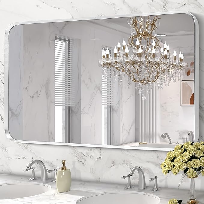 Brushed Nickel Bathroom Wall Mirror, Tempered Glass, Shatter Proof, Hangs