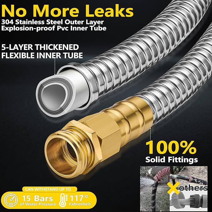 150 ft Stainless Steel Garden Hose - 2026 New Technology Metal Water Garden Hoses with 3/4" Solid Fitting - Lightweight,Ultra Flexible,Durable,Kink-Less Watering Pipes Garden Hoses For Yard, Outdoor