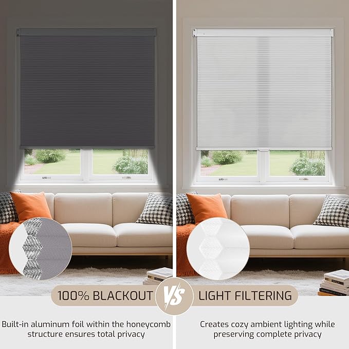 Grandekor No Drill No Tools Cordless Cellular Shades, 35.5" W x 64" H, UV