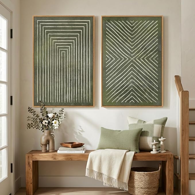 Large Framed Green Abstract Wall Art, 2 Piece Modern Canvas Prints Paintings