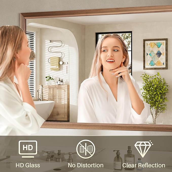 40x38 Inch Bathroom Mirror for Wall, Anti-Rust Walnut Wood Grain Metal Framed