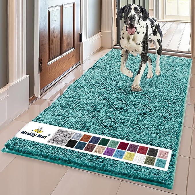 Muddy MatÂ® | Super Water Absorbent Door Mat Indoor, Microfiber Quick Dry Chenille Entryway Rug, Slip Resistant Front Door Mat, Indoor Mats for Entryway, Machine Washable Pet Rug, Teal 24" x 120"