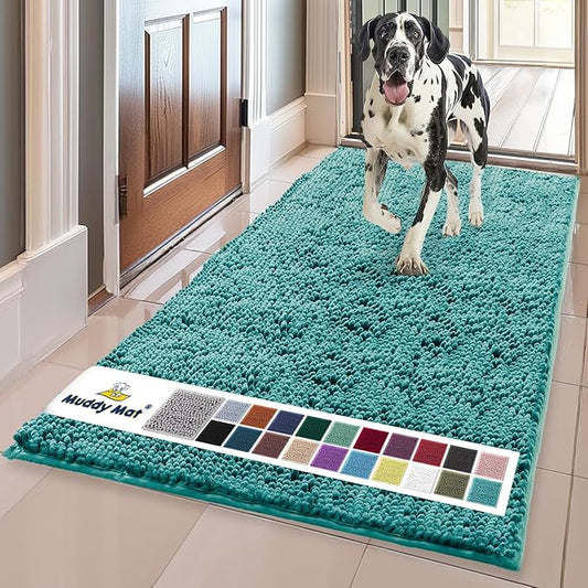 Muddy MatÂ® | Super Water Absorbent Door Mat Indoor, Microfiber Quick Dry Chenille Entryway Rug, Slip Resistant Front Door Mat, Indoor Mats for Entryway, Machine Washable Pet Rug, Teal 24" x 120"