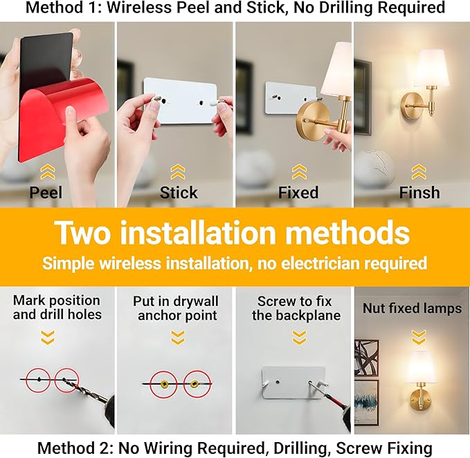 Vimhou Peel and Stick Wall Sconces, Stick On Wall Sconce Set of 2, Battery