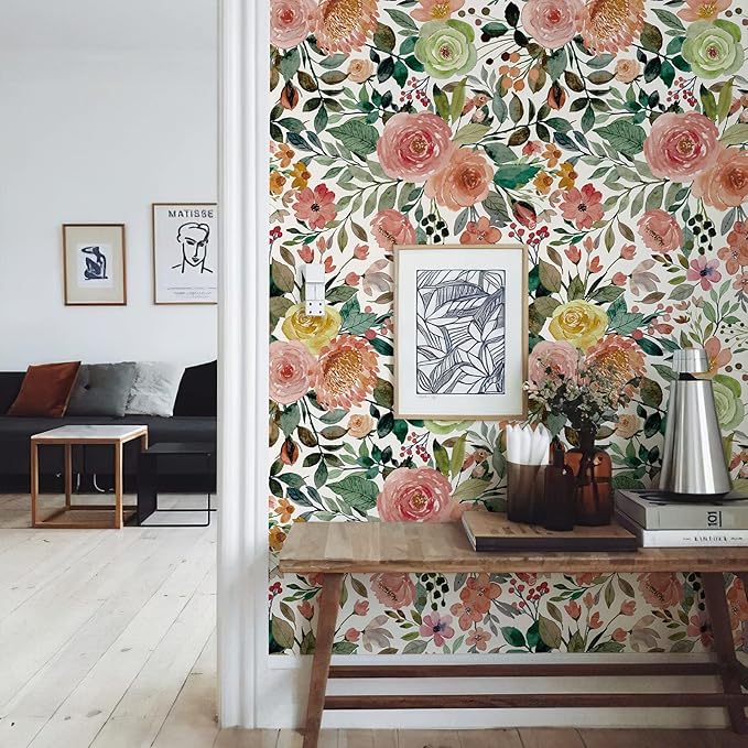 JiffDiff Floral Wallpaper Peel and Stick Pink Floral Wall Mural Removable Peony