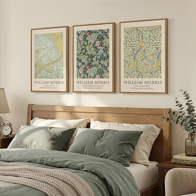 Framed William Morris Sage Green Wall Art Set of 3, Vintage Nature Green Floral