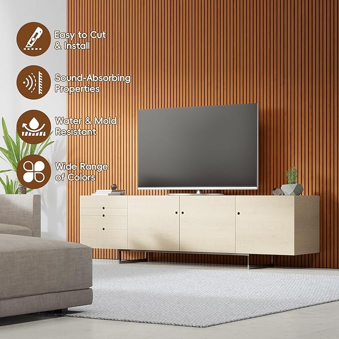 EVERECO 6 Pack Wood Slat Acoustic Wall Panels 92.5" × 7.87", 3D Sound Absorbing