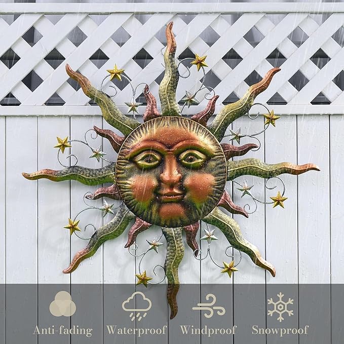 TERESA'S COLLECTIONS Sun Metal Wall Art for Outdoor Decor,21" Bronze Sun Face 3D Wall Decor for Garden Decor,Rustic Retro Hanging Sculpture for Outside Living Room Home Patio Farmhouse Gifts for Mom