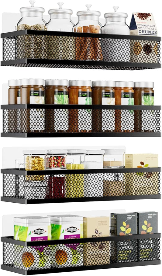 Spice Rack Wall Mount, 4 Pack Pantry Door Organizer & Hanging Storage Baskets