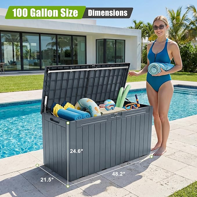 Flamaker Resin Deck Box 100 Gallon Large Lockable Outdoor Storage Box Waterproof Deck Chest for Patio Cushions, Garden Tools, Accessories (Gray)