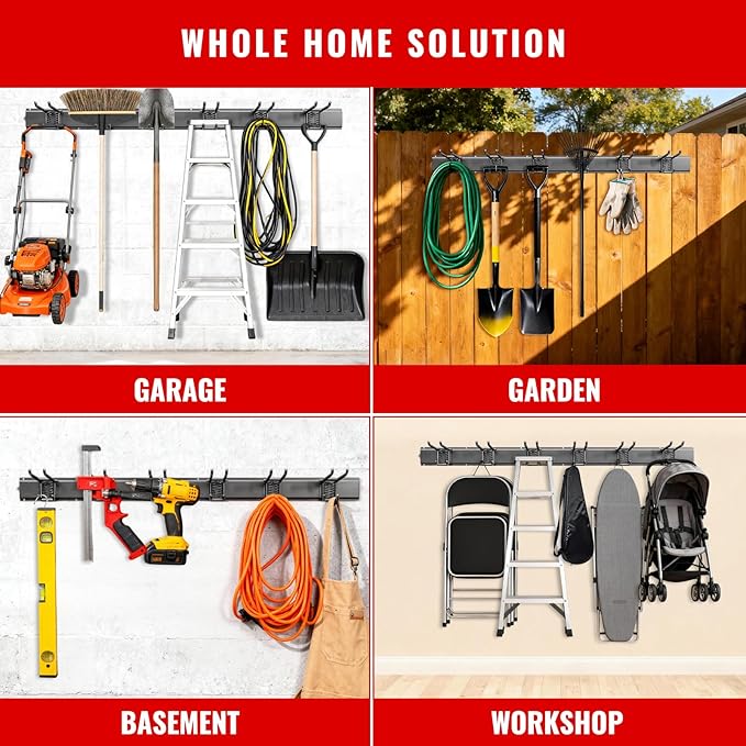 Garage Tool Organizer Wall Mount, Easy to 64inch Install Heavy-Duty Garage Storage System with Adjustable 12 Hooks, Garden Tool Rack for Shovels, Rakes, Yard Tools