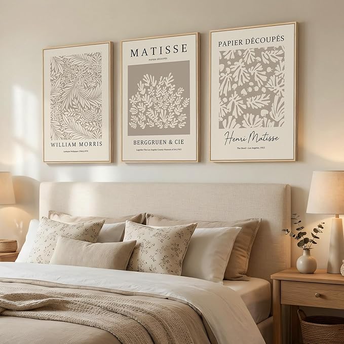 Framed Large Matisse Canvas Wall Art Set of 3, Vintage Neutral Abstract Floral