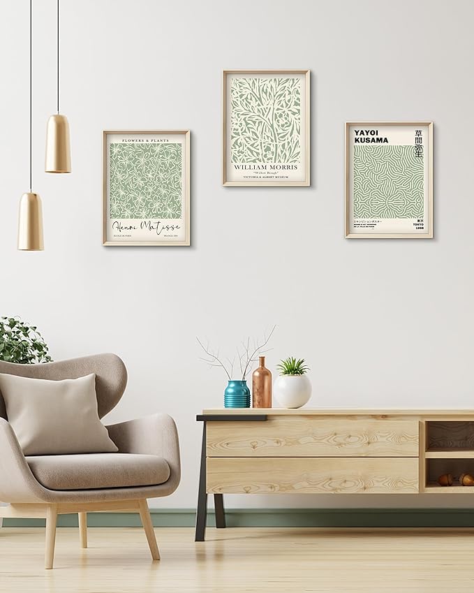 HesenDot Framed Matisse Sage Green Wall Art, William Morris Canvas Wall Decor