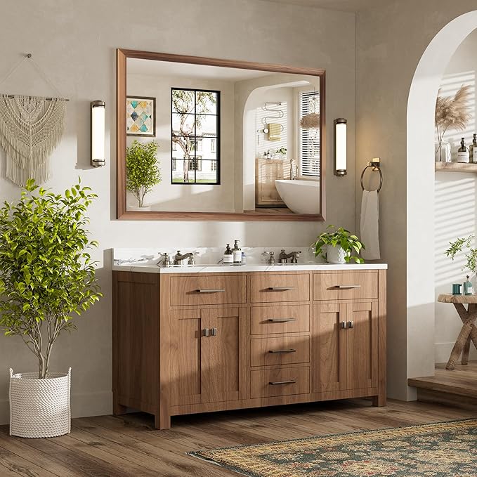60x40 Inch Bathroom Mirror for Wall, Anti-Rust Walnut Wood Grain Metal Framed
