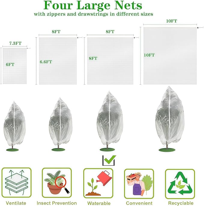 2 Pack 10x13.7Ft Extra Large Drawstring & Zipper Fruit Tree Netting Cover - Reusable Bird Netting for Blueberry Bushes, Anti-Cicada/Deer/Squirrel Large Plant Protection Net