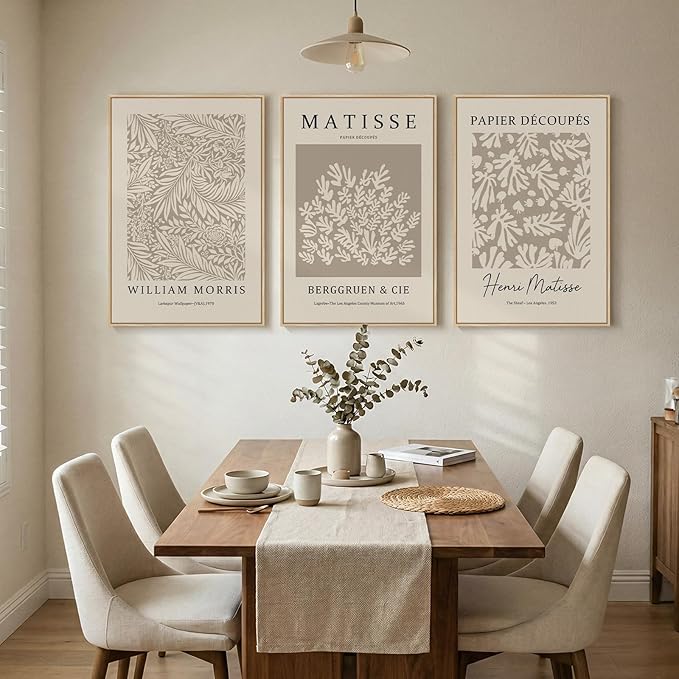 Framed Large Matisse Canvas Wall Art Set of 3, Vintage Neutral Abstract Floral
