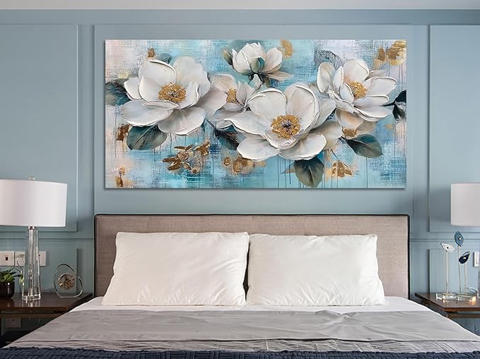 Ardemy Flower Wall Art for Living Room White Floral Canvas Art Wall Decor