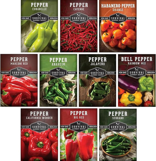 10 Pepper Seed Packs for Planting | JalapeÃ±o, Serrano, Cayenne, Bell, Habanero, Cubanelle, & More â Hot & Sweet Heirloom Non-GMO Peppers Collection â Survival Garden Seeds