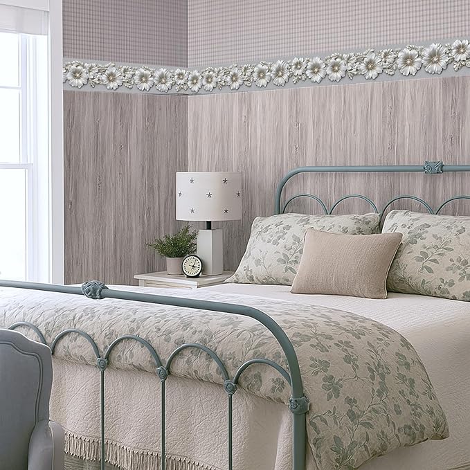 Silver Floral Wallpaper Border 196x4 Inch Peel and Stick Wall Border Metallic