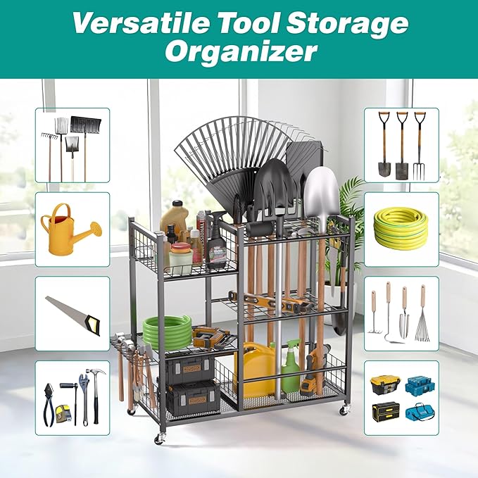 EVERHANGER Garden Tool Organizer, Garage Tool Storage Stand Organizer with Lockable Wheels, Yard Tool Racks, Fit for Long-Handled Tools/Rakes/Brooms