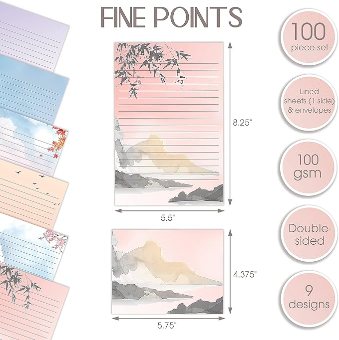 Better Office Products Mini Stationery Set of 100, Japanese Stationery Paper (50 Lined Sheets + 50 Matching Envelopes), 5.5 x 8.25 inch, 9 Designs, Double Sided Printing, One Side Lined Paper,