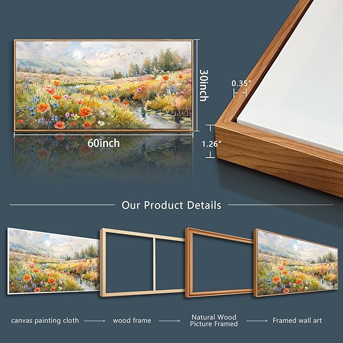 QIYILEXWART Canvas Wall Art For Living Room Large Wall Decor For Office Bedroom Decorations Colorful Wildflower Landscape Pictures Farmhouse Painting Artwork Room Wall Mural Aesthetic Home Decor 30x60 In