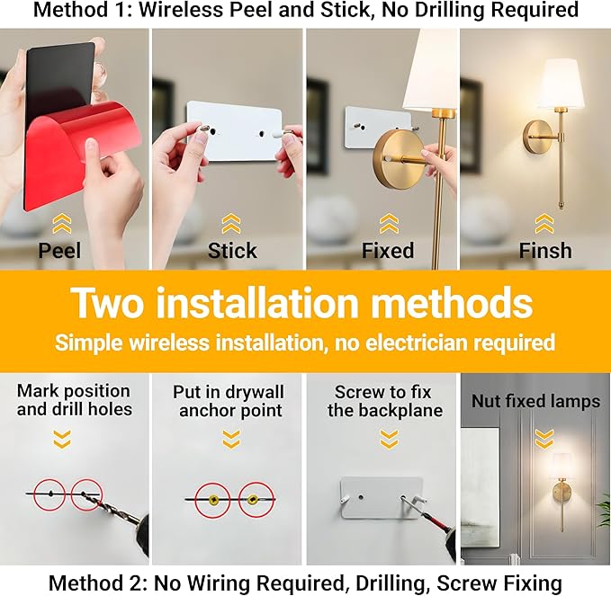 Vimhou Peel and Stick Wall Sconces, Stick On Wall Sconce Set of 2, Battery