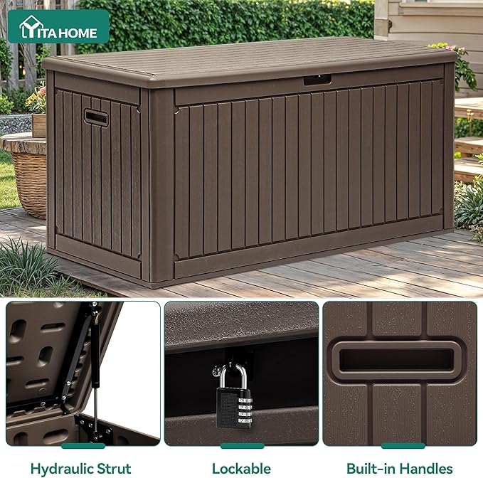 YITAHOME 320 Gallon Double-Wall Deck Box with Divider & Side Handles, Outdoor Large Storage for Patio Furniture Cushions, Garden Pool Accessories, Water Resistant & Lockable, Dark brown