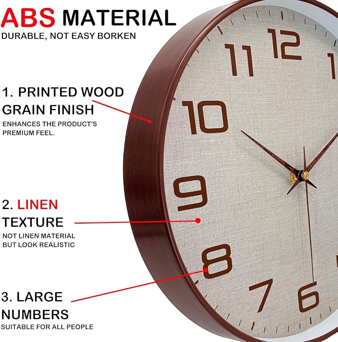 Woodgrain Wall Clock, Silent Non-Ticking Wall Clocks Battery Operated 8 Inch