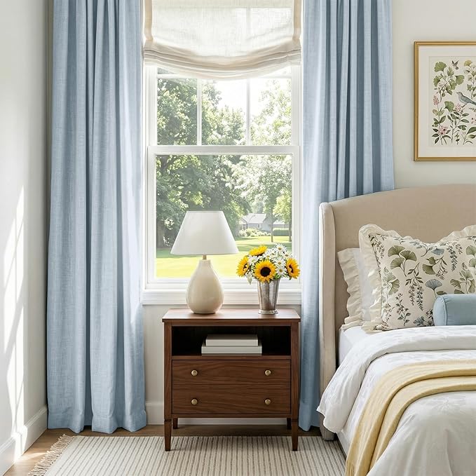 100% Blackout Shield Chambray Blue Linen Blackout Curtains