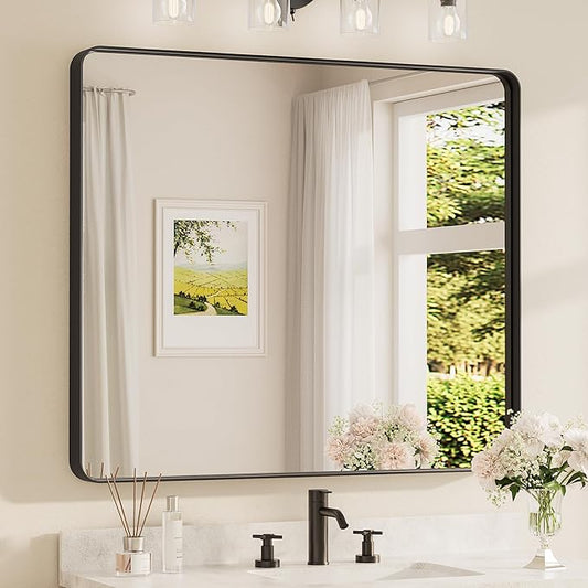 TETOTE Black Framed Mirrors for Bathroom, 42 x 36 Inch Modern Decorative Wall