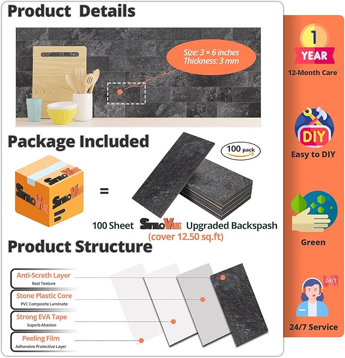 StyloVue 100 Pieces Peel and Stick Backsplash