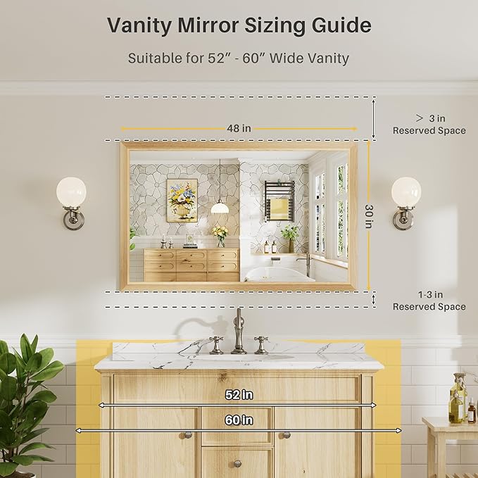 48x30 Inch Bathroom Mirror for Wall, Anti-Rust Oak Wood Grain Metal Framed